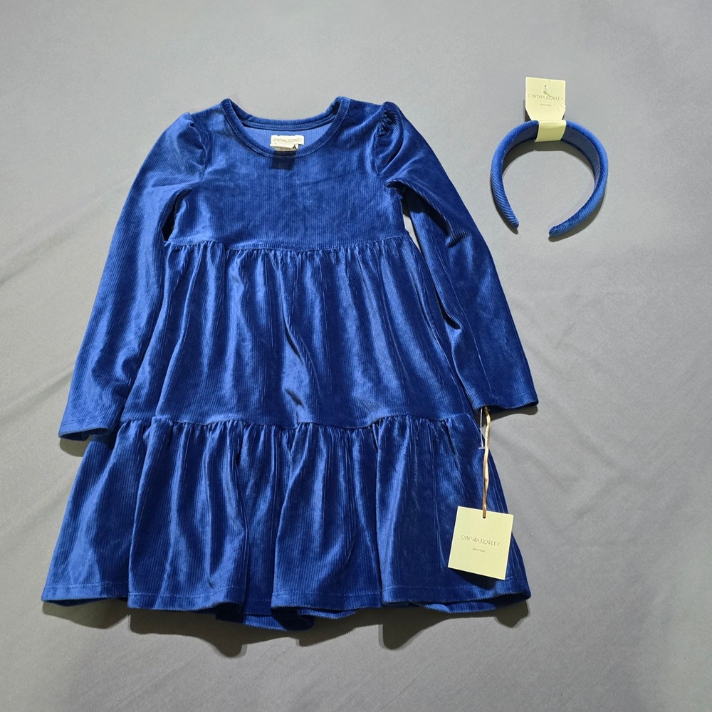 Cynthia Rowley Dress Kids Size 5/6 Blue Ribbed Velvet Tiered Set with Headband